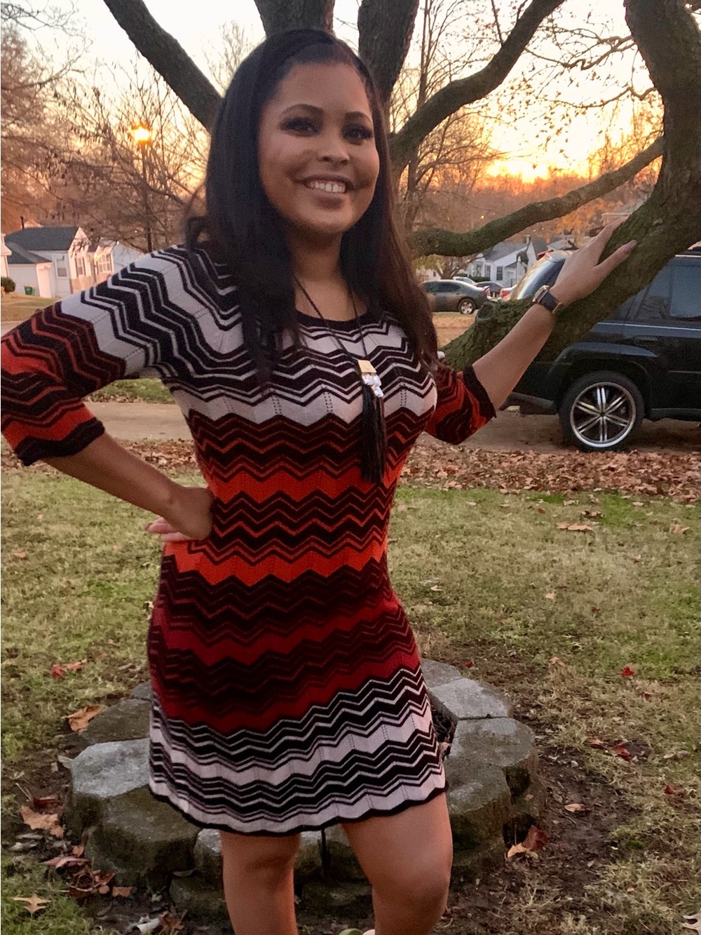 Chevron Knit Midi Dress in Black, White & Red